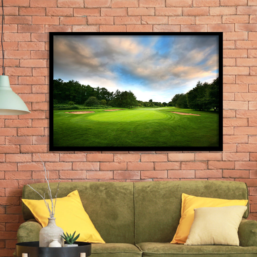 A Golf Course Under The Clouds Highlighting The Tee Cup And The Trees Surrounding Framed Art Prints Wall Art Decor