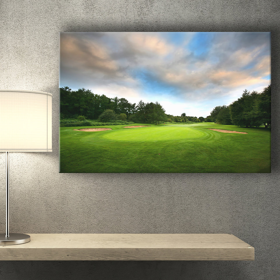 A Golf Course Under The Clouds Highlighting The Tee Cup And The Trees Surrounding Canvas Prints Wall Art - Painting Canvas, Art Prints