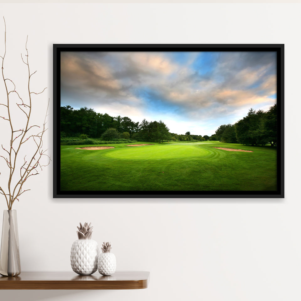 A Golf Course Under The Clouds Highlighting The Tee Cup And The Trees Surrounding Framed Canvas Prints Wall Art 