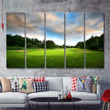 A Golf Course Under The Clouds Highlighting The Tee Cup And The Trees Surrounding 5 Pieces B Canvas Prints Wall Art 