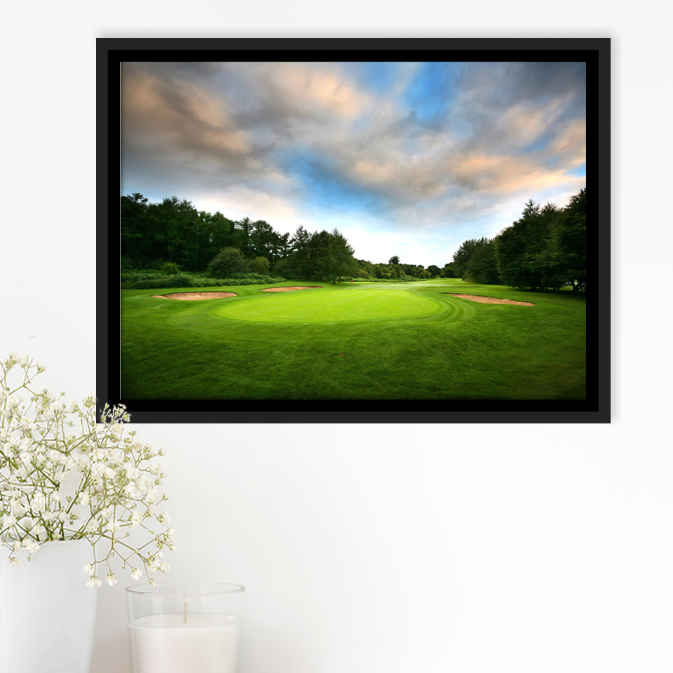 A Golf Course Under The Clouds Highlighting The Tee Cup And The Trees Surrounding Framed Canvas Prints Wall Art 