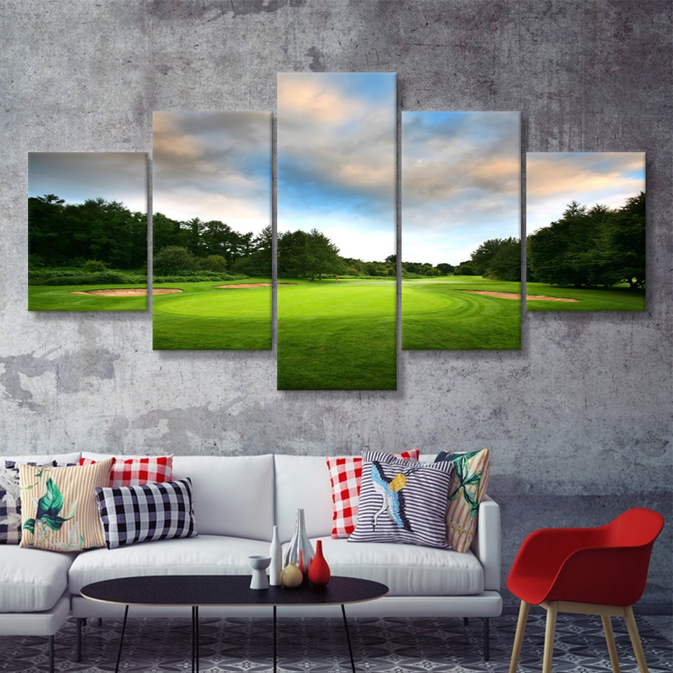 A Golf Course Under The Clouds Highlighting The Tee Cup And The Trees Surrounding 5 Pieces Canvas Prints Wall Art 