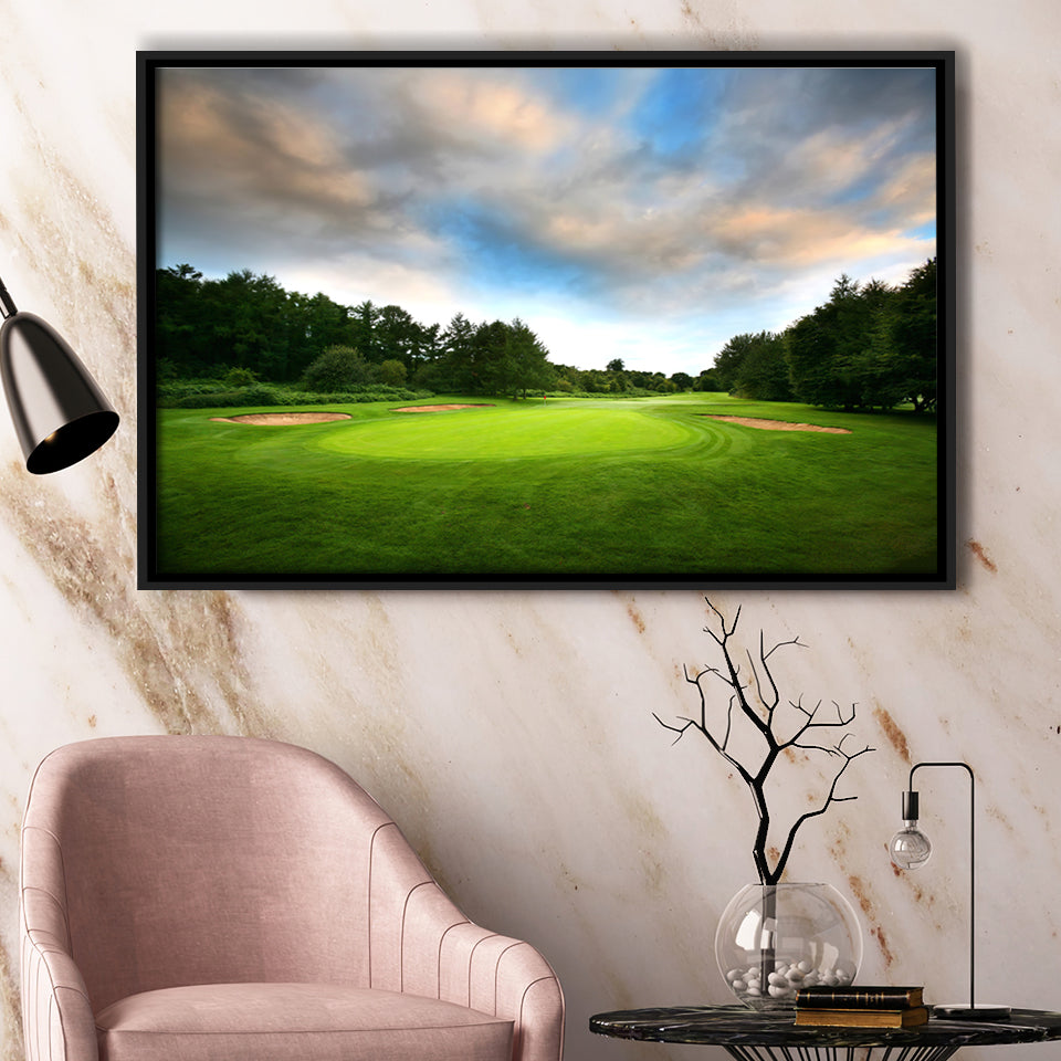 A Golf Course Under The Clouds Highlighting The Tee Cup And The Trees Surrounding Framed Canvas Prints Wall Art 