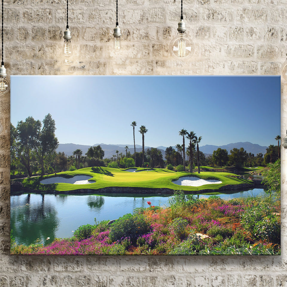 A Golf Course With A Colorful Flower Garden A Pond White Sand Hazards Canvas Prints Wall Art - Painting Canvas, Art Prints, Wall Decor
