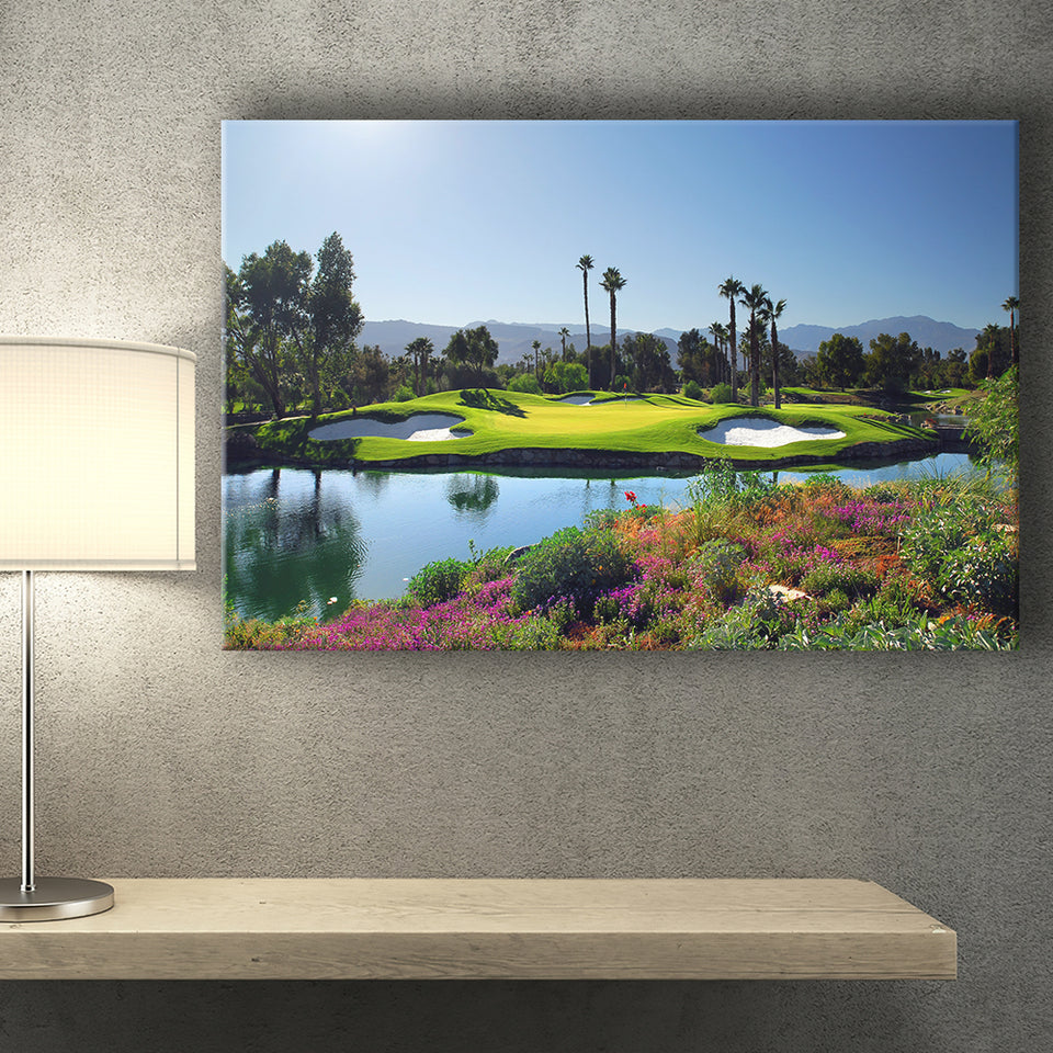 A Golf Course With A Colorful Flower Garden A Pond White Sand Hazards Canvas Prints Wall Art - Painting Canvas, Art Prints, Wall Decor