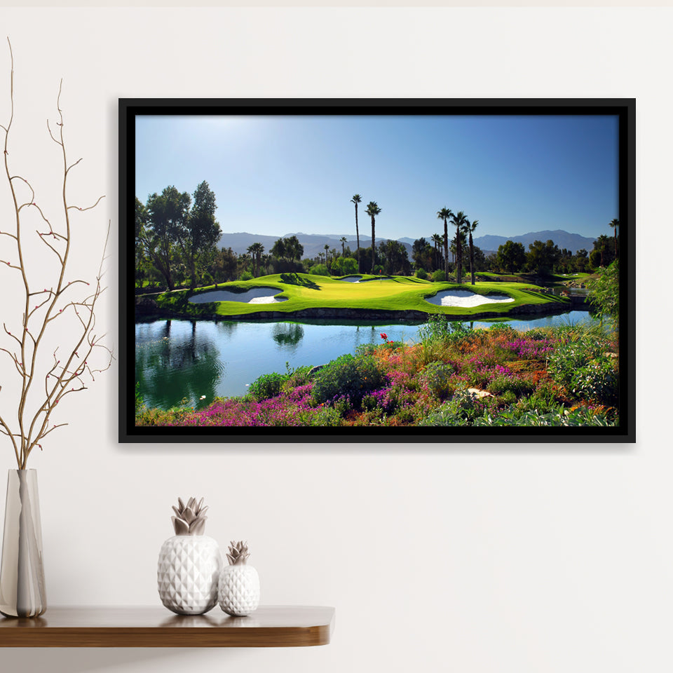 A Golf Course With A Colorful Flower Garden A Pond White Sand Hazards Framed Canvas Prints Wall Art - Painting Canvas, Floating Frame