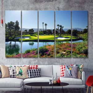 A Golf Course With A Colorful Flower Garden A Pond White Sand Hazards 5 Pieces B Canvas Prints Wall Art - Painting Canvas, Multi Panel