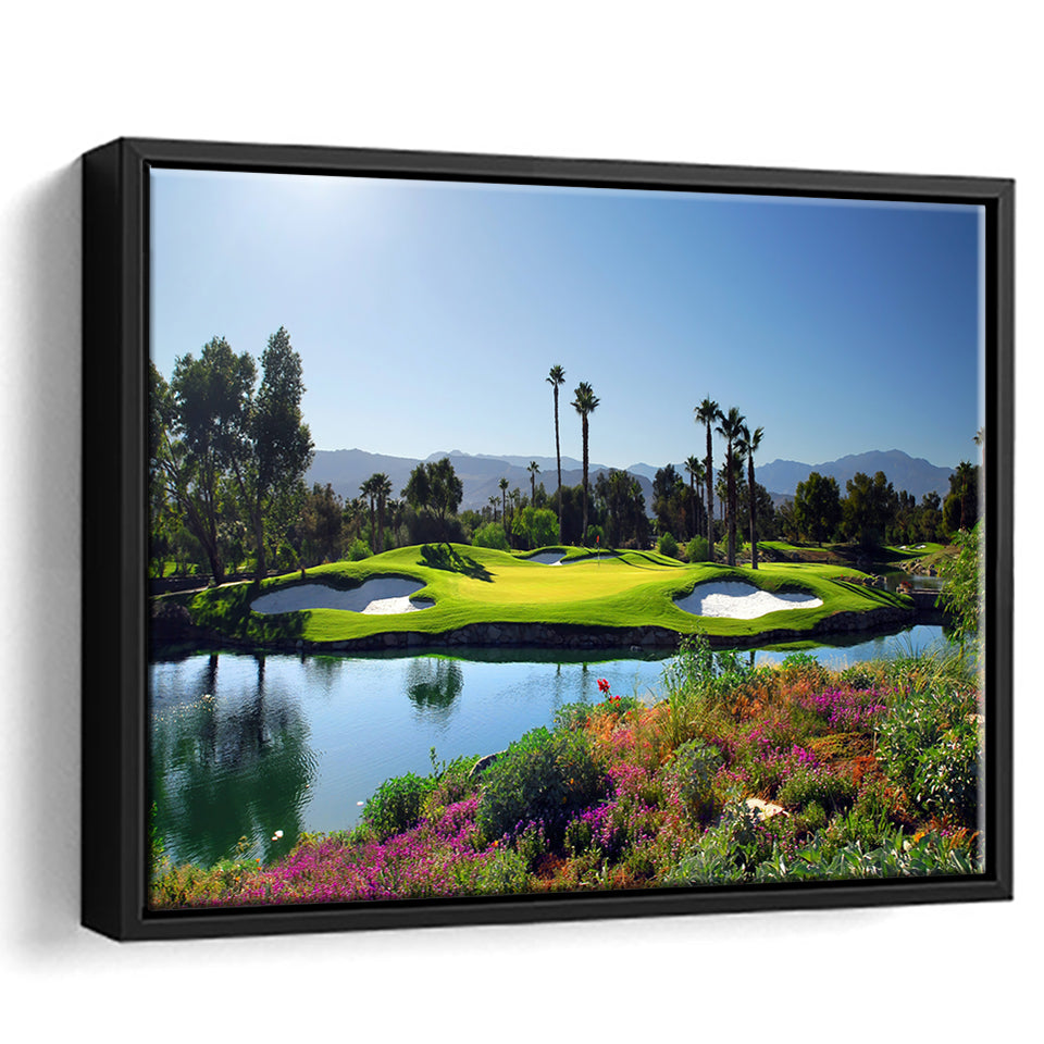 A Golf Course With A Colorful Flower Garden A Pond White Sand Hazards Framed Canvas Prints Wall Art - Painting Canvas, Floating Frame