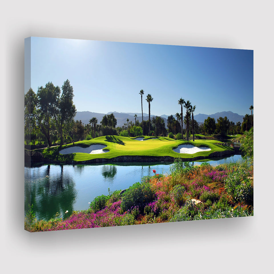 A Golf Course With A Colorful Flower Garden A Pond White Sand Hazards Canvas Prints Wall Art - Painting Canvas, Art Prints, Wall Decor
