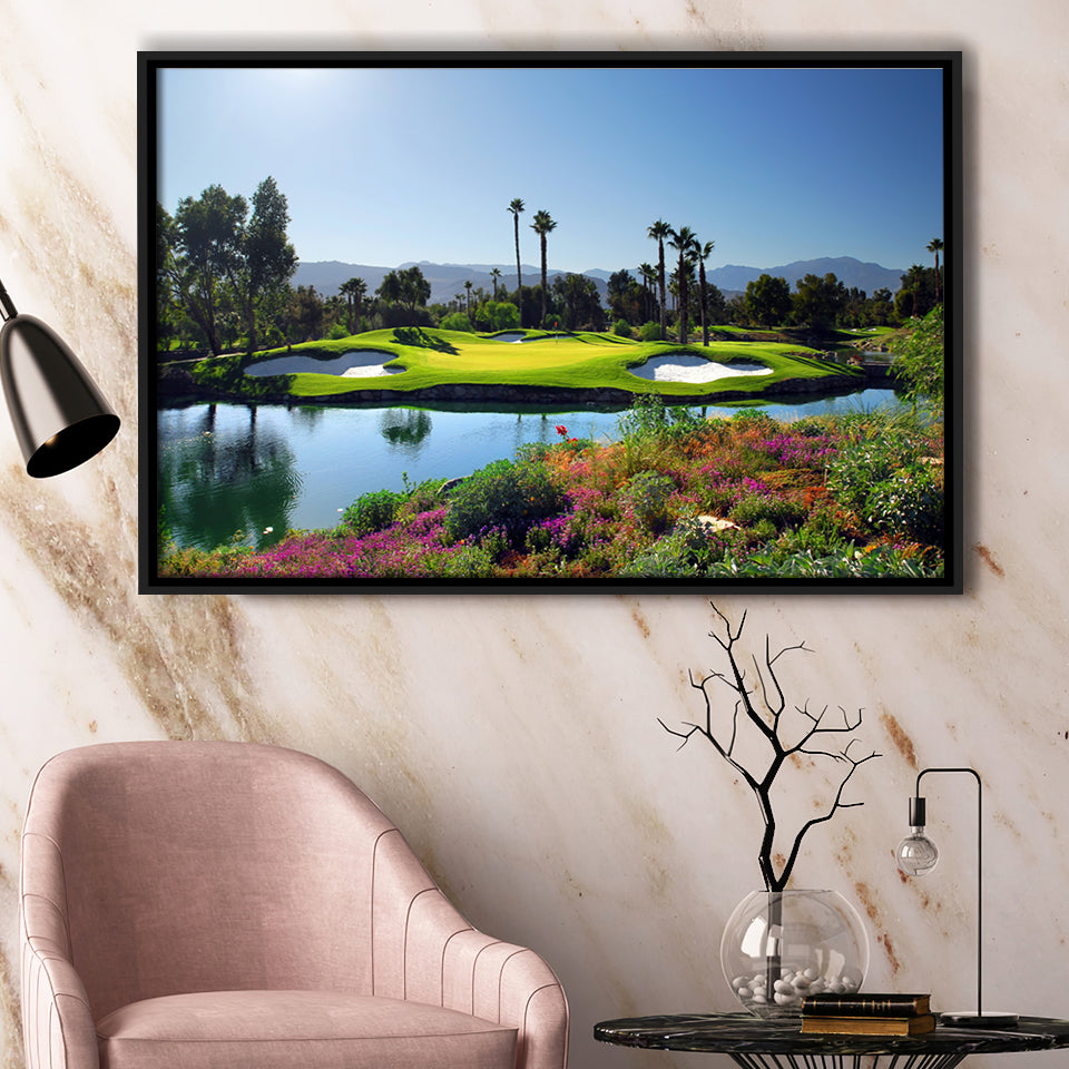 A Golf Course With A Colorful Flower Garden A Pond White Sand Hazards Framed Canvas Prints Wall Art - Painting Canvas, Floating Frame