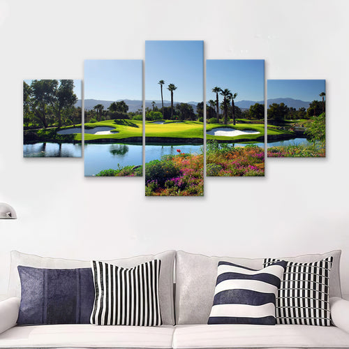 A Golf Course With A Colorful Flower Garden A Pond White Sand Hazards 5 Pieces Canvas Prints Wall Art - Painting Canvas, Multi Panel