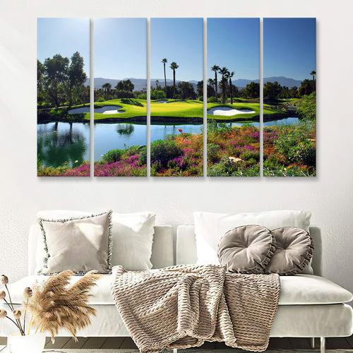 A Golf Course With A Colorful Flower Garden A Pond White Sand Hazards 5 Pieces B Canvas Prints Wall Art - Painting Canvas, Multi Panel