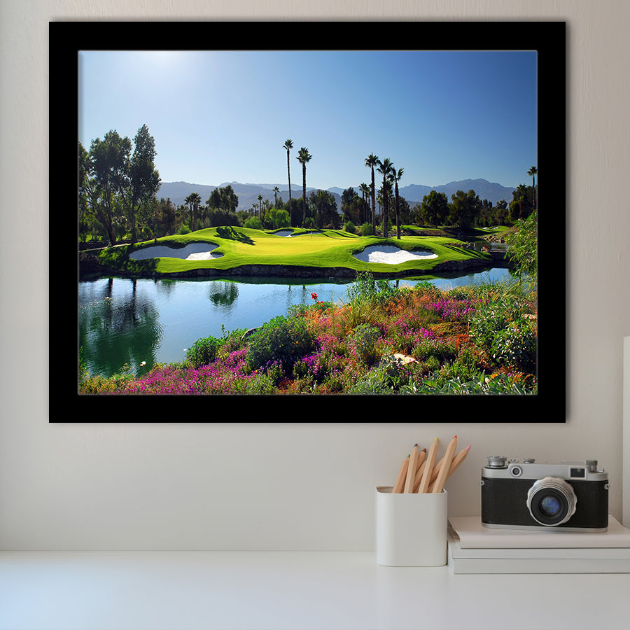 A Golf Course With A Colorful Flower Garden A Pond White Sand Hazards Framed Art Prints Wall Art Decor - Painting Prints, Framed Picture