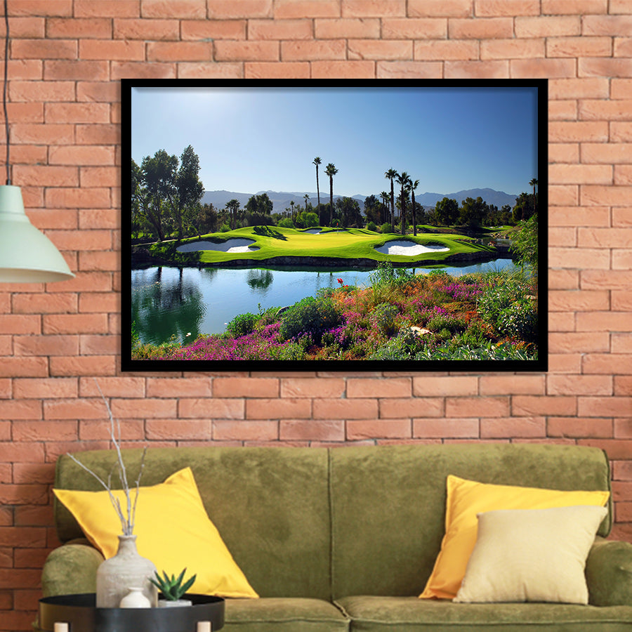 A Golf Course With A Colorful Flower Garden A Pond White Sand Hazards Framed Art Prints Wall Art Decor - Painting Prints, Framed Picture