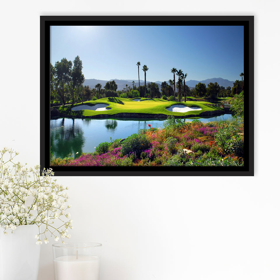 A Golf Course With A Colorful Flower Garden A Pond White Sand Hazards Framed Canvas Prints Wall Art - Painting Canvas, Floating Frame
