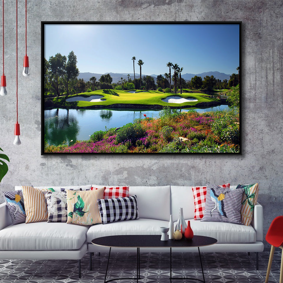 A Golf Course With A Colorful Flower Garden A Pond White Sand Hazards Framed Canvas Prints Wall Art - Painting Canvas, Floating Frame