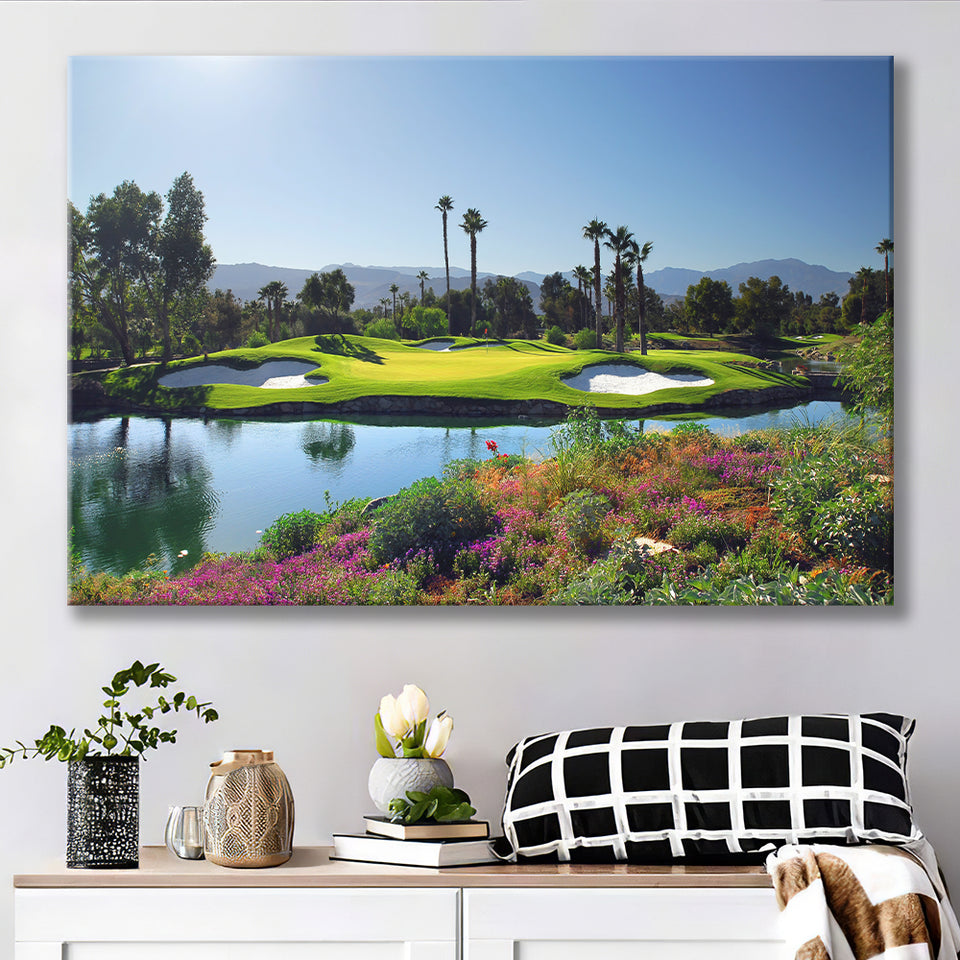 A Golf Course With A Colorful Flower Garden A Pond White Sand Hazards Canvas Prints Wall Art - Painting Canvas, Art Prints, Wall Decor
