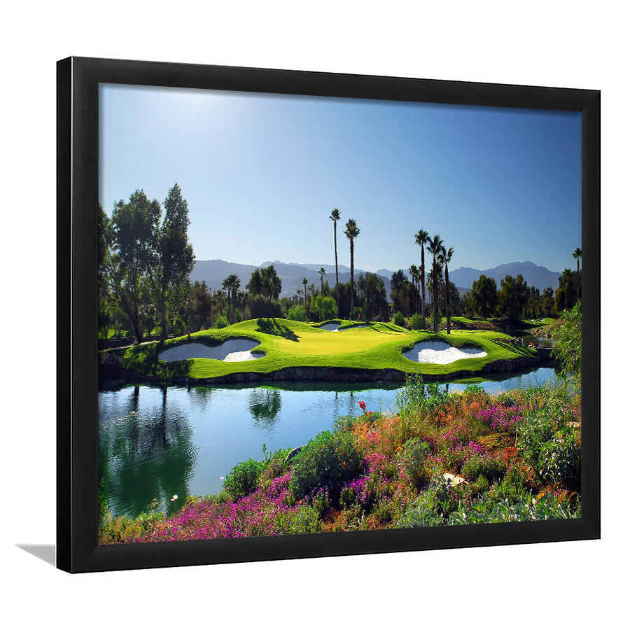 A Golf Course With A Colorful Flower Garden A Pond White Sand Hazards Framed Art Prints Wall Art Decor - Painting Prints, Framed Picture
