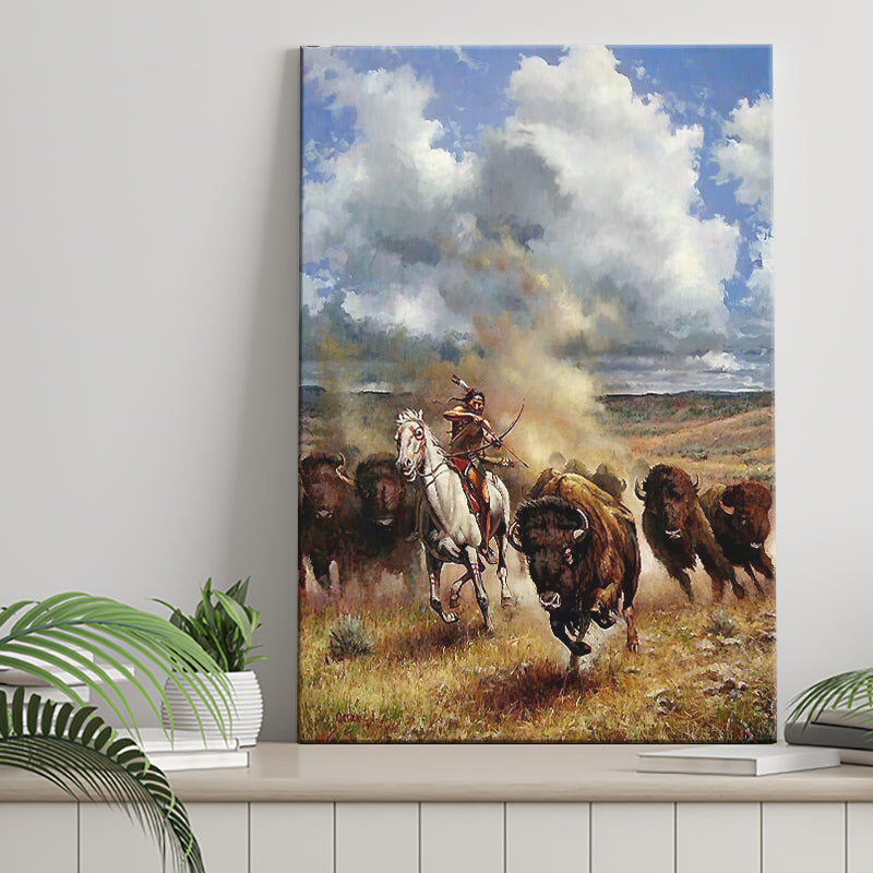 A Native American Hunting Buffalo Canvas Prints Wall Art - Painting Canvas, Painting Prints, Home Wall Decor, For Sale