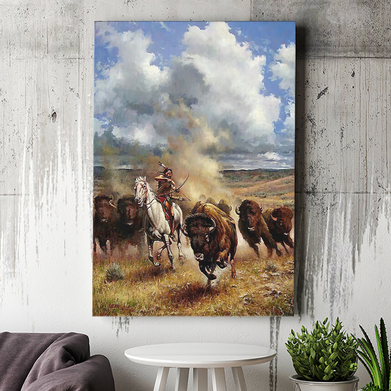 A Native American Hunting Buffalo Canvas Prints Wall Art - Painting Canvas, Painting Prints, Home Wall Decor, For Sale