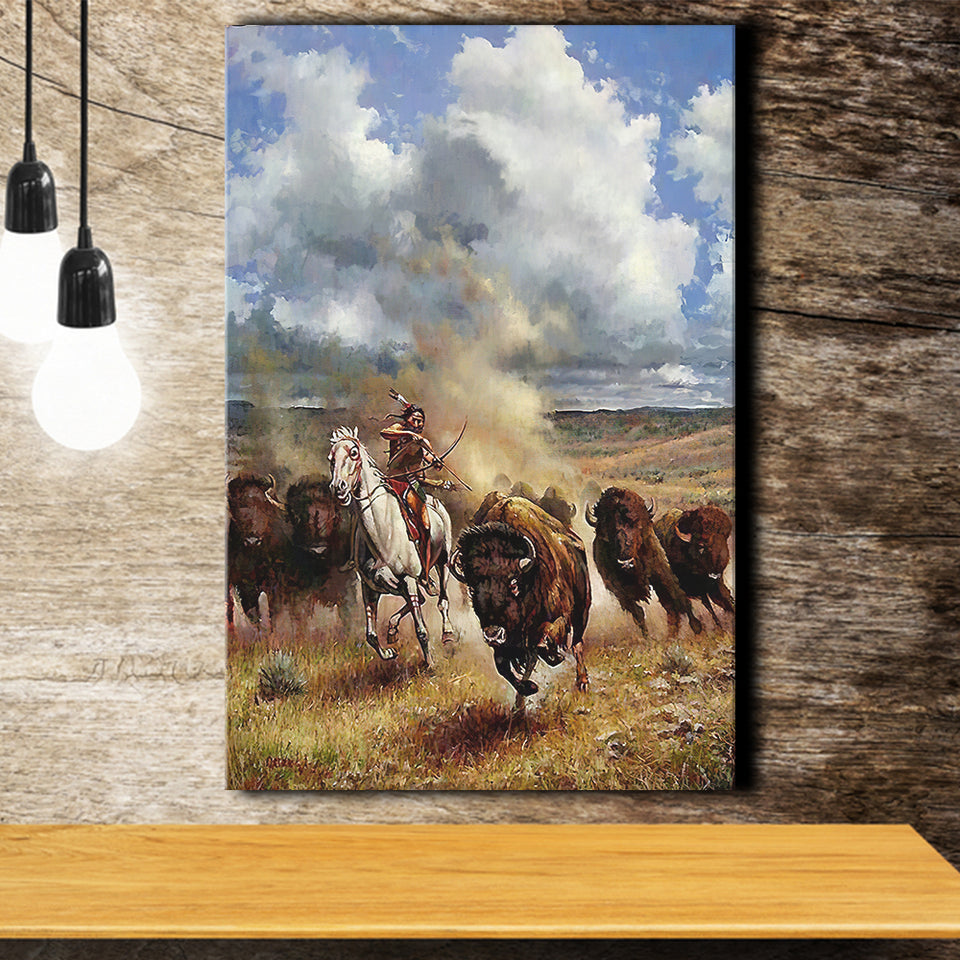 A Native American Hunting Buffalo Canvas Prints Wall Art - Painting Canvas, Painting Prints, Home Wall Decor, For Sale