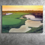 A Wide Golf Course With Water And Sand Hazards Around Under A Yellow Sky Sun Canvas Prints Wall Art - Painting Canvas, Art Prints
