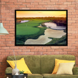A Wide Golf Course With Water And Sand Hazards Around Under A Yellow Sky Sun Framed Art Prints Wall Decor - Painting Prints, Framed Picture