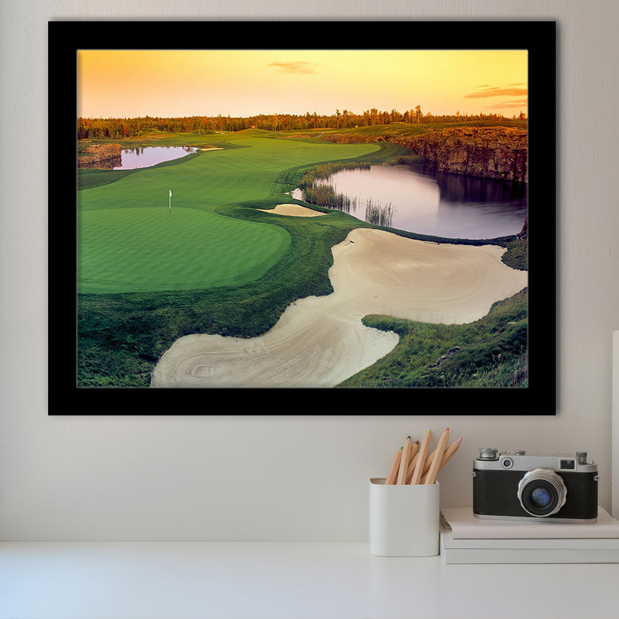 A Wide Golf Course With Water And Sand Hazards Around Under A Yellow Sky Sun Framed Art Prints Wall Decor - Painting Prints, Framed Picture