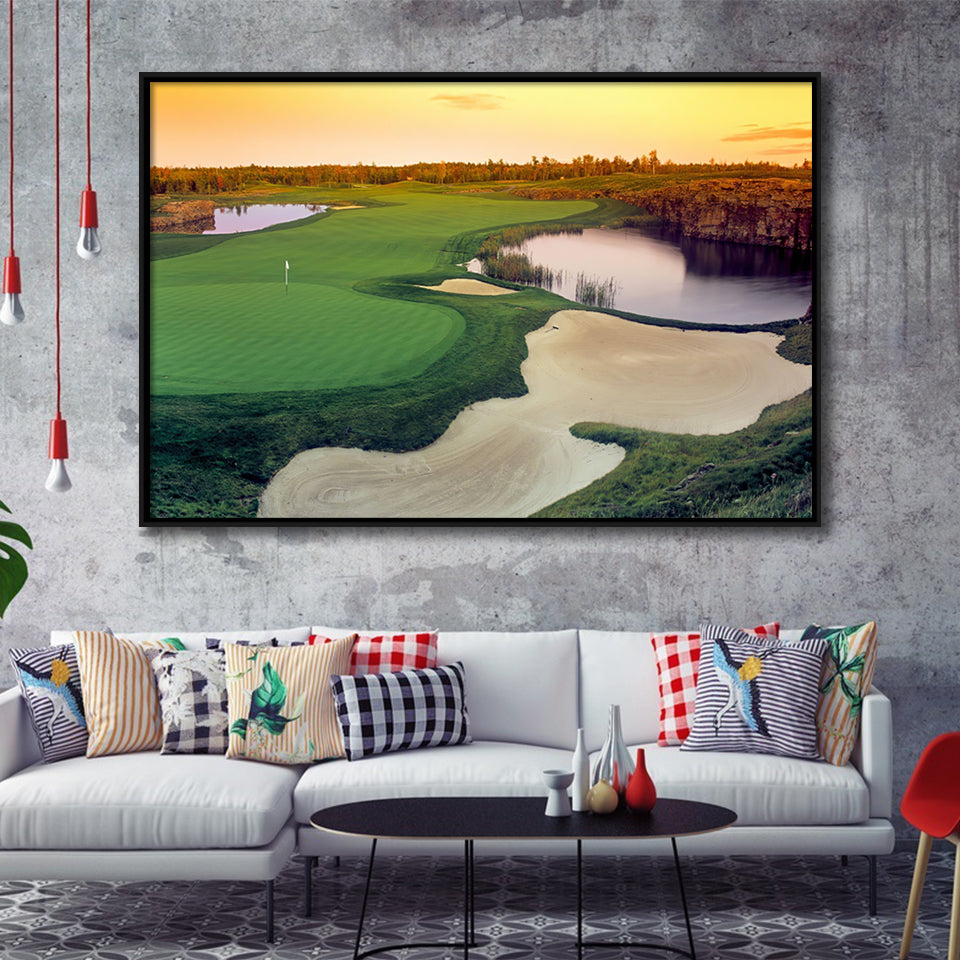 A Wide Golf Course With Water And Sand Hazards Around Under A Yellow Sky Sun Framed Canvas Prints Wall Art - Painting Canvas, Floating Frame