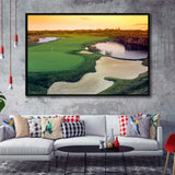 A Wide Golf Course With Water And Sand Hazards Around Under A Yellow Sky Sun Framed Canvas Prints Wall Art - Painting Canvas, Floating Frame