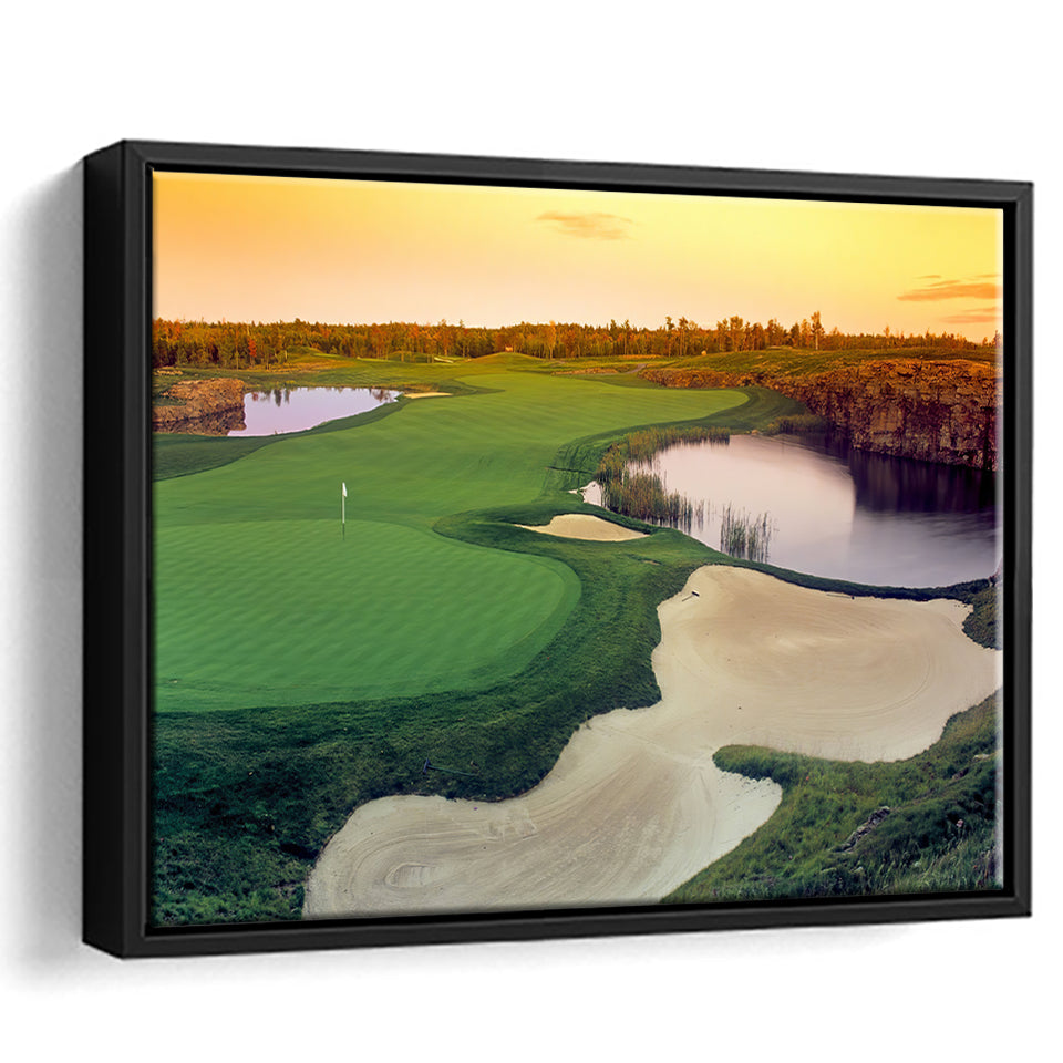 A Wide Golf Course With Water And Sand Hazards Around Under A Yellow Sky Sun Framed Canvas Prints Wall Art - Painting Canvas, Floating Frame