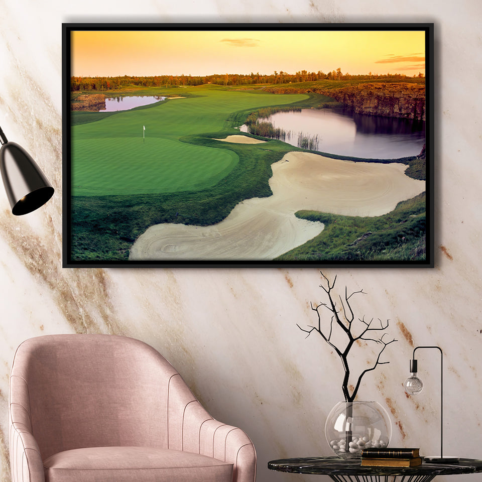 A Wide Golf Course With Water And Sand Hazards Around Under A Yellow Sky Sun Framed Canvas Prints Wall Art - Painting Canvas, Floating Frame