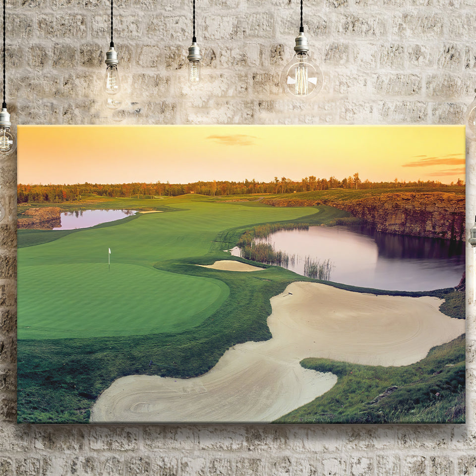 A Wide Golf Course With Water And Sand Hazards Around Under A Yellow Sky Sun Canvas Prints Wall Art - Painting Canvas, Art Prints