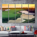 A Wide Golf Course With Water And Sand Hazards Around Under A Yellow Sky Sun 5 Pieces B Canvas Prints Wall Art - Painting Canvas