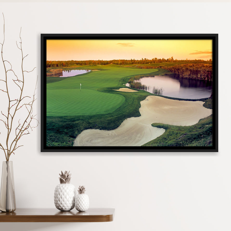 A Wide Golf Course With Water And Sand Hazards Around Under A Yellow Sky Sun Framed Canvas Prints Wall Art - Painting Canvas, Floating Frame