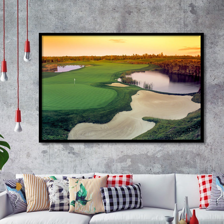 A Wide Golf Course With Water And Sand Hazards Around Under A Yellow Sky Sun Framed Art Prints Wall Decor - Painting Prints, Framed Picture