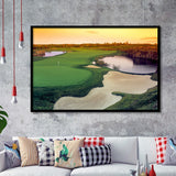 A Wide Golf Course With Water And Sand Hazards Around Under A Yellow Sky Sun Framed Art Prints Wall Decor - Painting Prints, Framed Picture