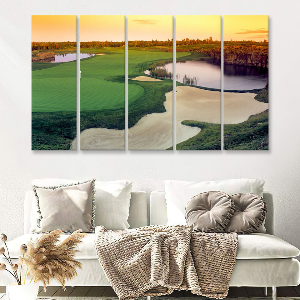 A Wide Golf Course With Water And Sand Hazards Around Under A Yellow Sky Sun 5 Pieces B Canvas Prints Wall Art - Painting Canvas