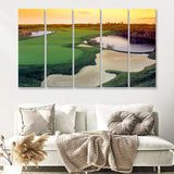 A Wide Golf Course With Water And Sand Hazards Around Under A Yellow Sky Sun 5 Pieces B Canvas Prints Wall Art - Painting Canvas