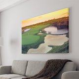 A Wide Golf Course With Water And Sand Hazards Around Under A Yellow Sky Sun Canvas Prints Wall Art - Painting Canvas, Art Prints