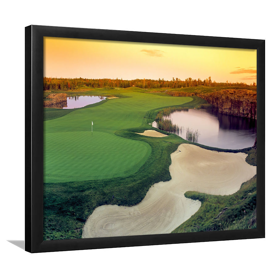 A Wide Golf Course With Water And Sand Hazards Around Under A Yellow Sky Sun Framed Art Prints Wall Decor - Painting Prints, Framed Picture