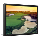 A Wide Golf Course With Water And Sand Hazards Around Under A Yellow Sky Sun Framed Art Prints Wall Decor - Painting Prints, Framed Picture