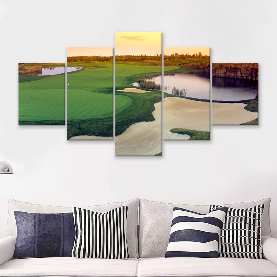 A Wide Golf Course With Water And Sand Hazards Around Under A Yellow Sky Sun 5 Pieces Canvas Prints Wall Art - Painting Canvas