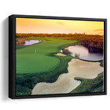 A Wide Golf Course With Water And Sand Hazards Around Under A Yellow Sky Sun Framed Canvas Prints Wall Art - Painting Canvas, Floating Frame