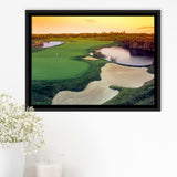 A Wide Golf Course With Water And Sand Hazards Around Under A Yellow Sky Sun Framed Canvas Prints Wall Art - Painting Canvas, Floating Frame
