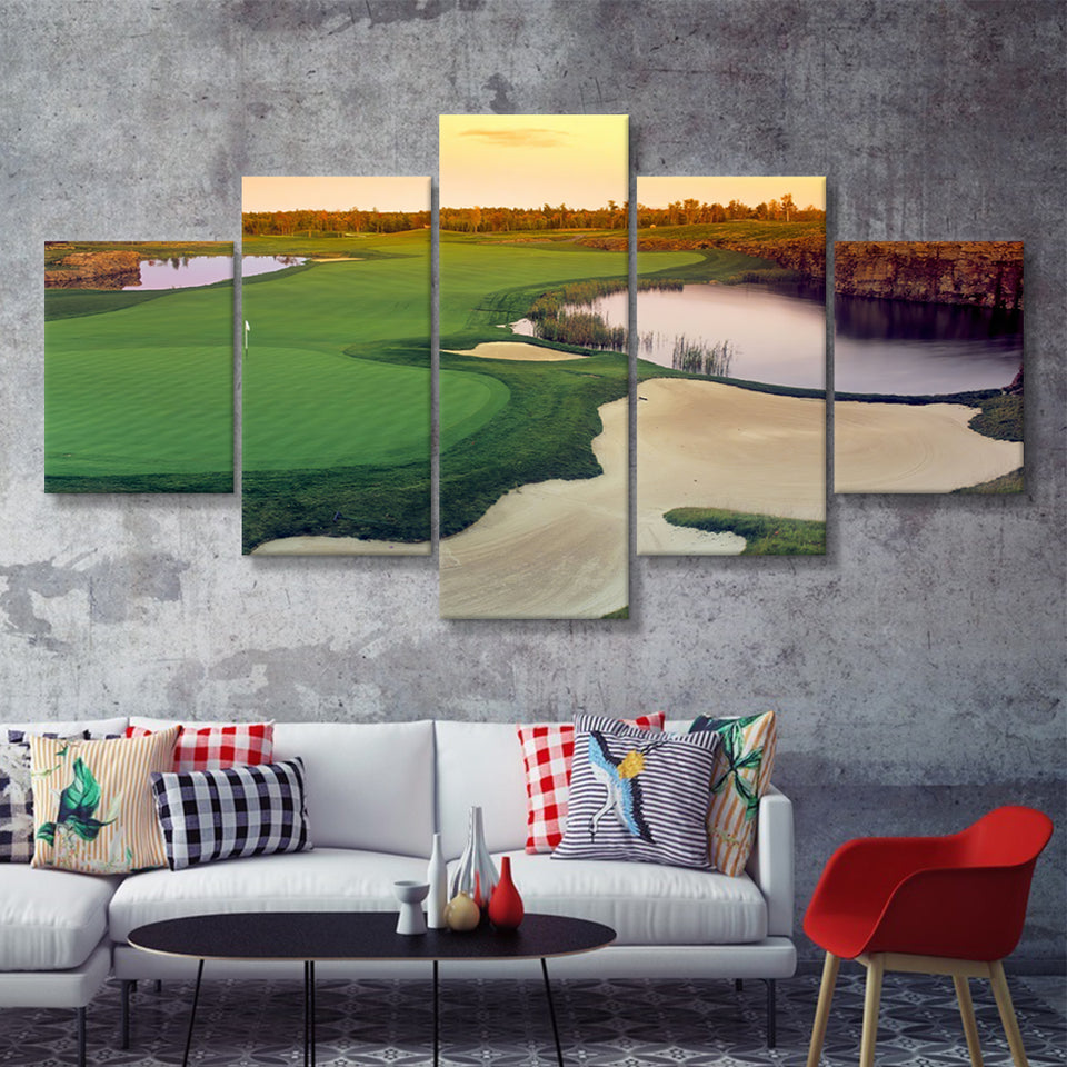 A Wide Golf Course With Water And Sand Hazards Around Under A Yellow Sky Sun 5 Pieces Canvas Prints Wall Art - Painting Canvas