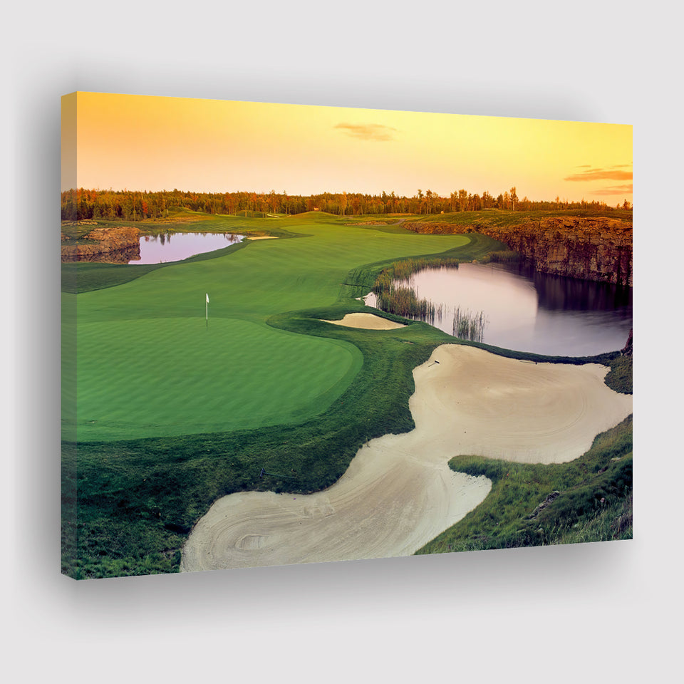 A Wide Golf Course With Water And Sand Hazards Around Under A Yellow Sky Sun Canvas Prints Wall Art - Painting Canvas, Art Prints
