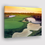 A Wide Golf Course With Water And Sand Hazards Around Under A Yellow Sky Sun Canvas Prints Wall Art - Painting Canvas, Art Prints