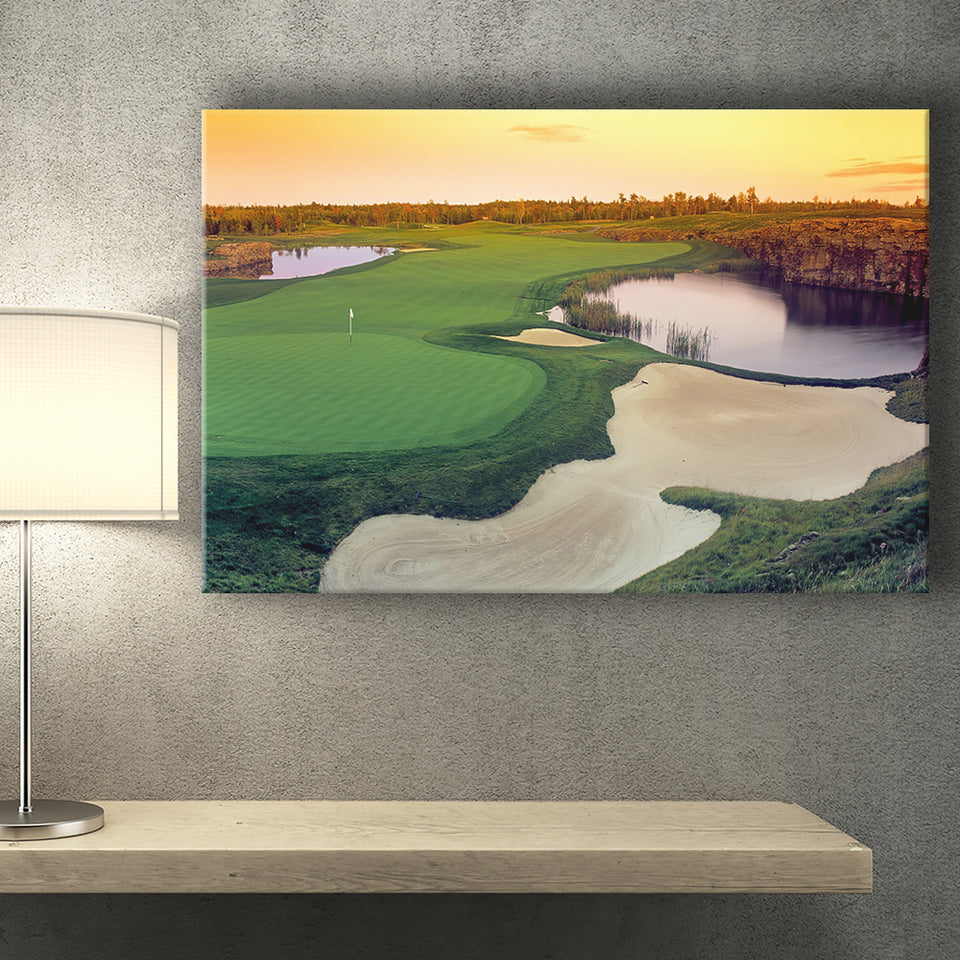 A Wide Golf Course With Water And Sand Hazards Around Under A Yellow Sky Sun Canvas Prints Wall Art - Painting Canvas, Art Prints