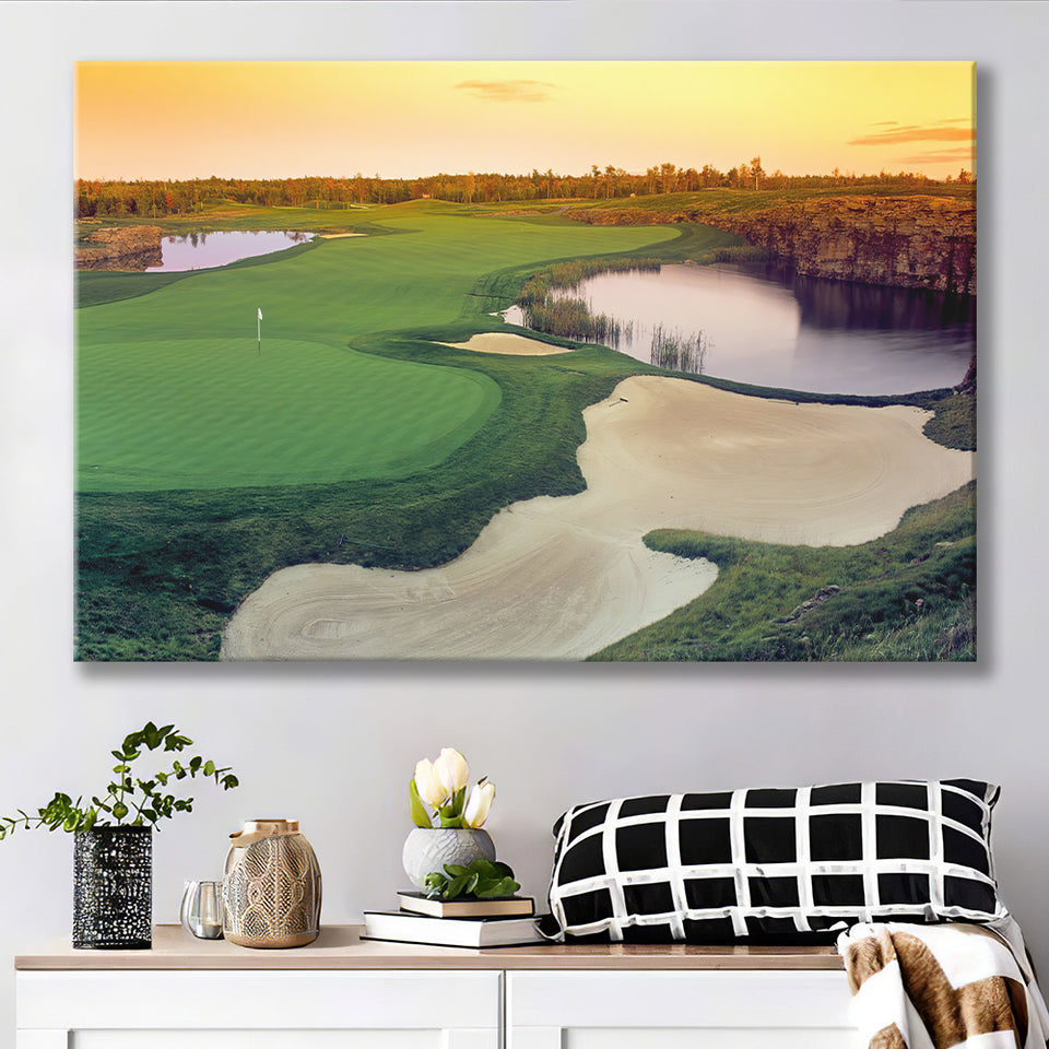 A Wide Golf Course With Water And Sand Hazards Around Under A Yellow Sky Sun Canvas Prints Wall Art - Painting Canvas, Art Prints
